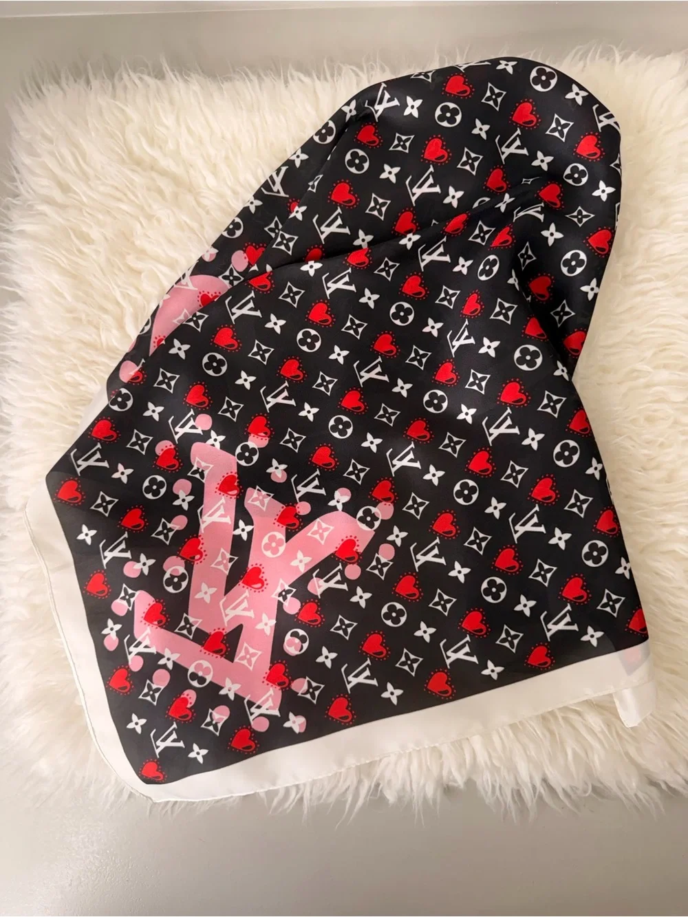 Designer-Inspired Women’s Silk Scarf in Black, Red & Pink